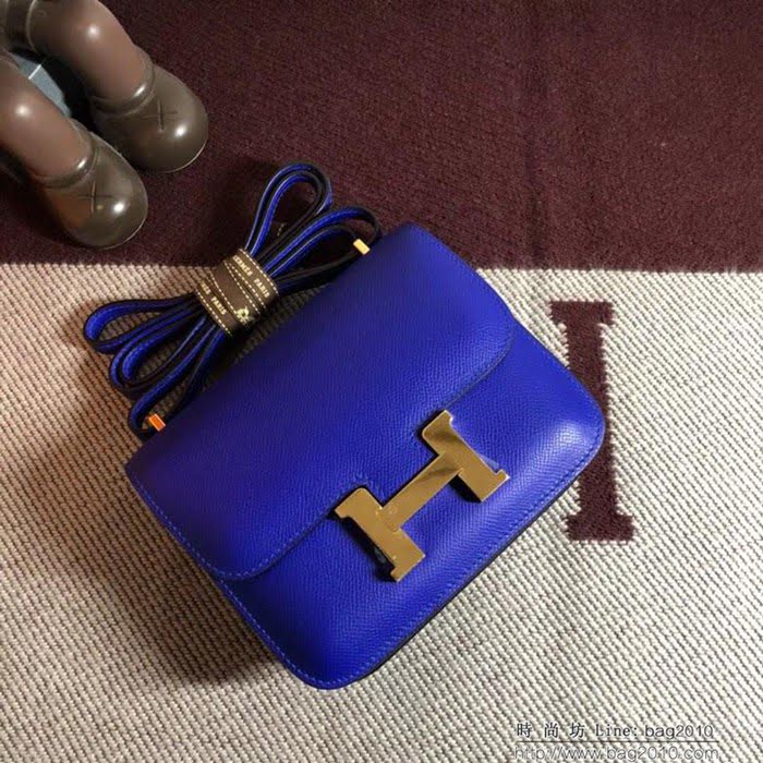 HERMES愛馬仕 空姐包 constance 電光藍 EPSOM 18cm 金扣 蠟線縫製 單肩斜挎包  Ama1506